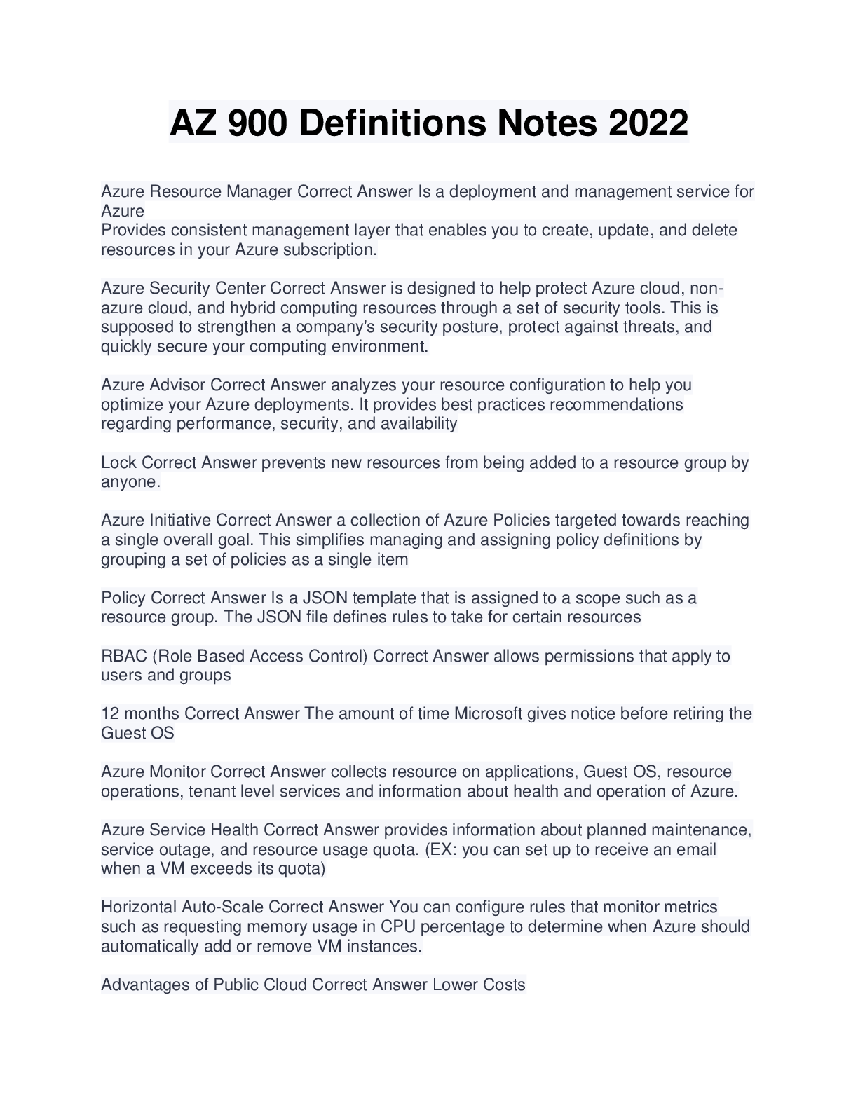 Preview image of AZ 900 Definitions Notes 2022 document